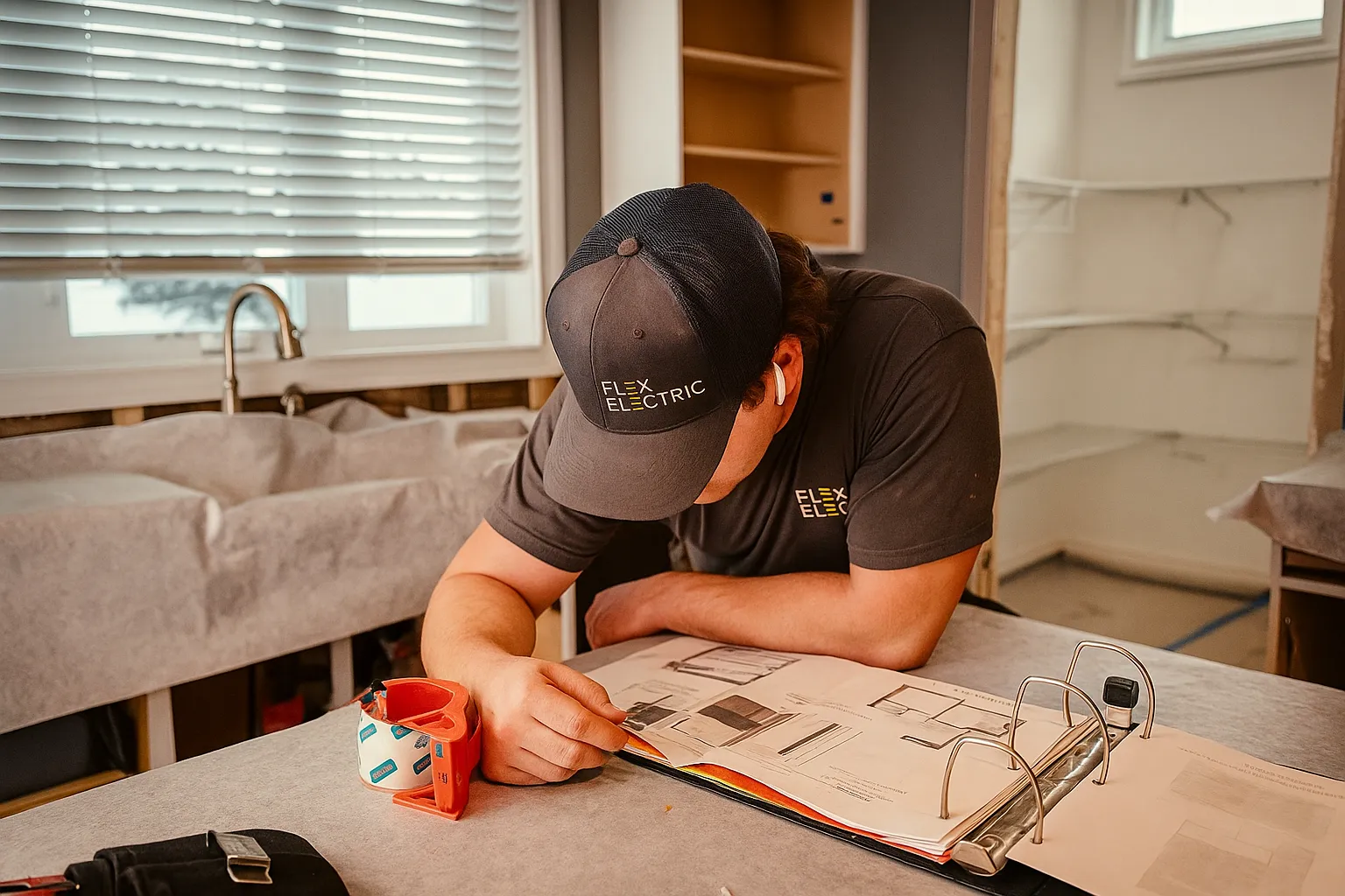 Electrician working on a residential electrical blueprint